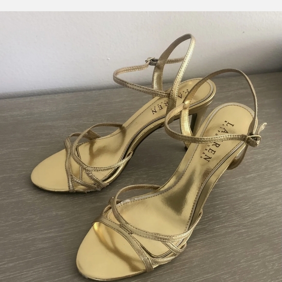 Ralph Lauren Gold Sammy Leather Strappy High Heel Sandals - Picture 6 of 8